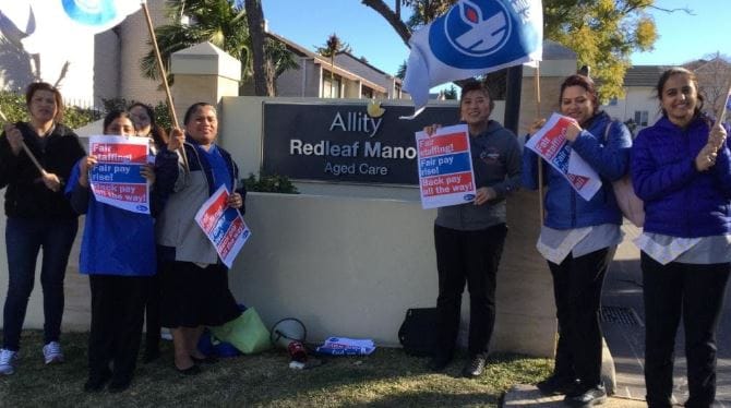 More staffing and a 3% pay rise: Sydney aged care nurses protest outside Allity facility