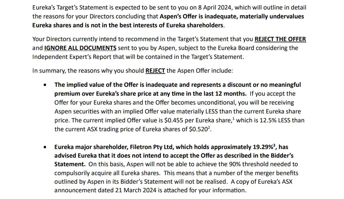 Eureka advise shareholders to reject Aspen takeover bid as new shareholder emerges