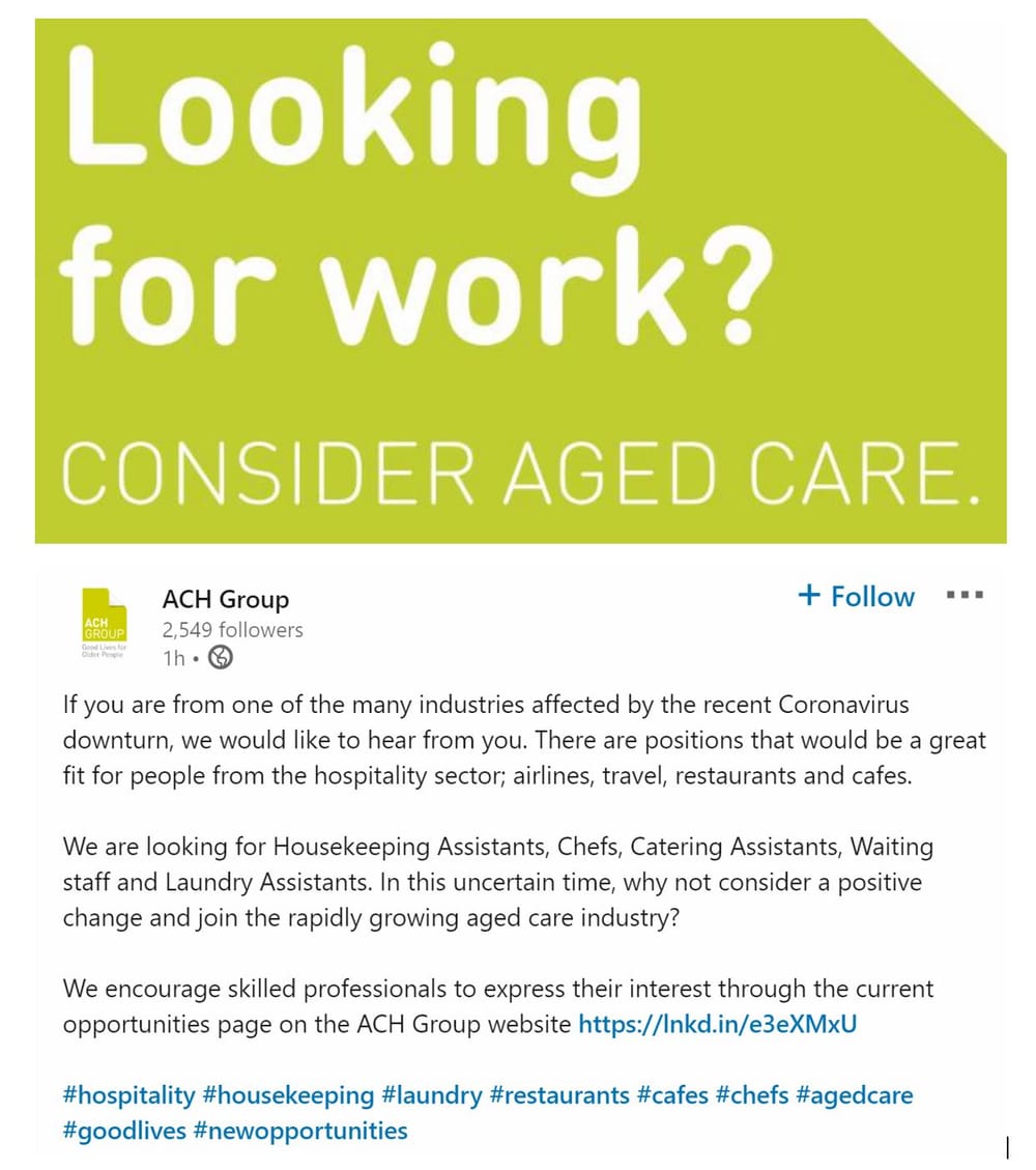 ACH Group (Adelaide) reaches out to the new world of unemployed hospitality workers on LinkedIn ​ post image
