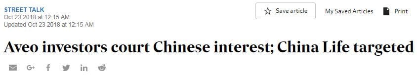 The Fin Review reports Chinese insurer eyeing 50% stake in Aveo post image